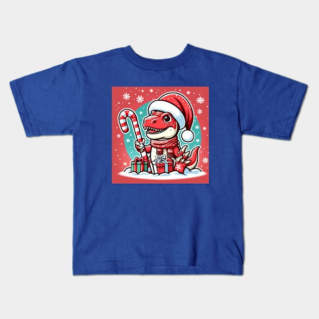 Red Christmas T-Rex Kids T-Shirt by Sketchy